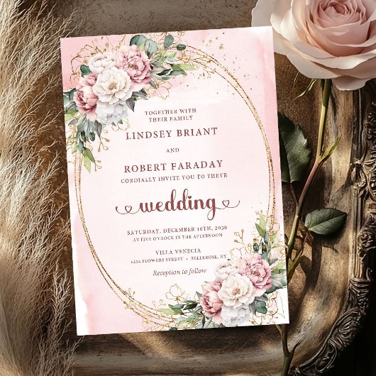 Modern Blush Floral Rose Gold Wedding Invitation 招待状