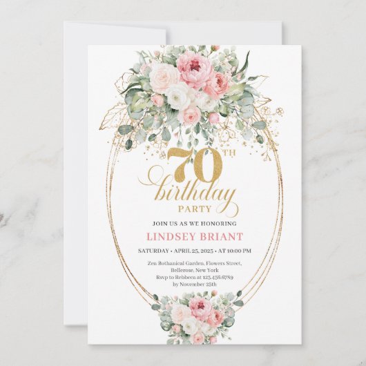 Modern Blush Floral Template 70th Birthday Invitat 招待状 (正面)