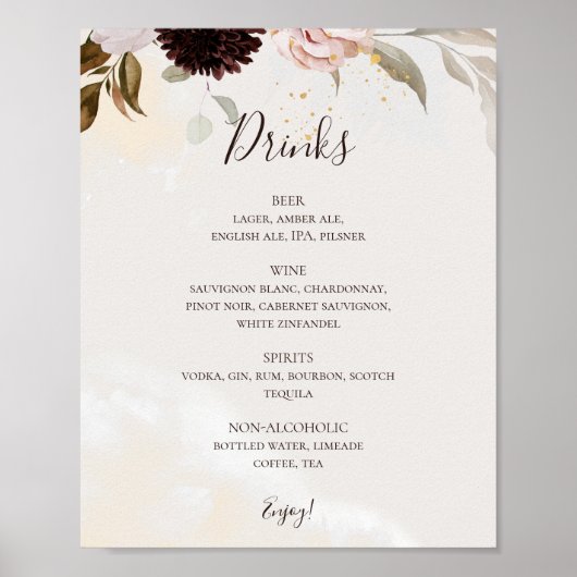 Modern Blush Floral | Watercolor Drinks Menu ポスター (正面)