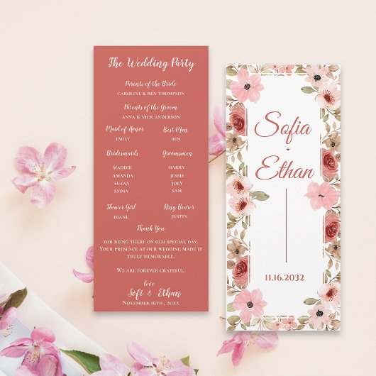 Modern Blush Floral Wedding Ceremony Program 招待状