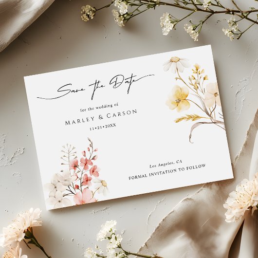 Modern Blush Floral Wildflower Spring Wedding セーブザデート