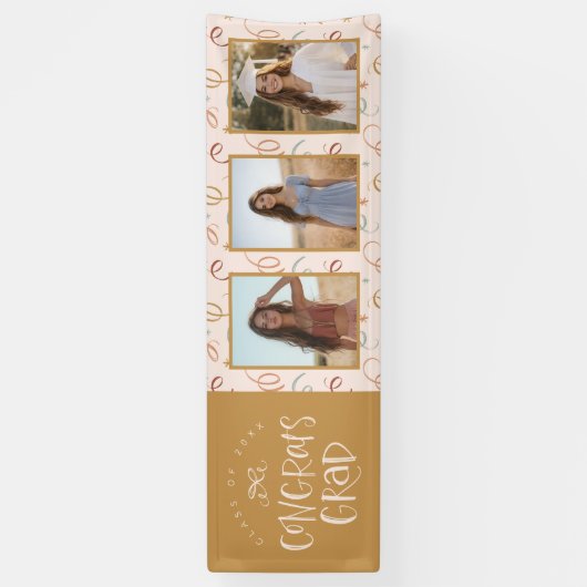 Modern Blush Gold Confetti 3 Photo Graduation 横断幕 (縦)