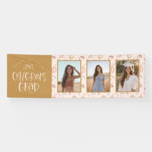 Modern Blush Gold Confetti 3 Photo Graduation 横断幕 (横)