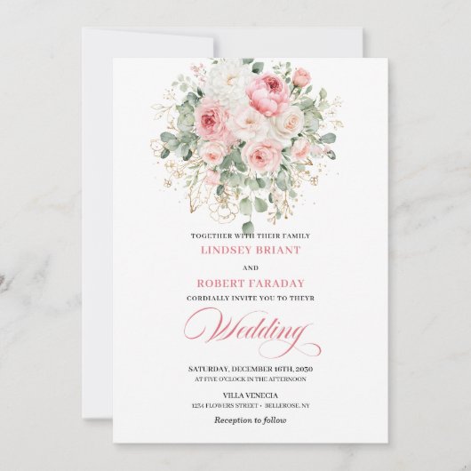 Modern Blush Peonies Gold Frame Wedding Invitation 招待状 (正面)