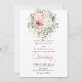 Modern Blush Peonies Gold Glitter Wedding Invite 招待状 (正面)