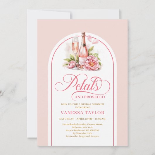 Modern blush petals and prosecco invite boho arch 招待状 (正面)