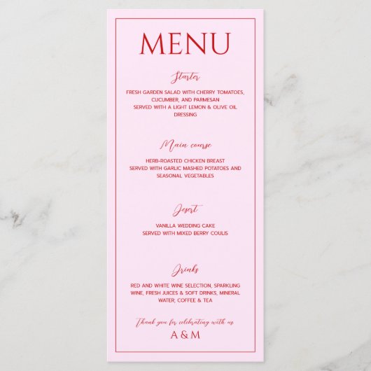 Modern blush pink and red minimalist wedding メニュー (正面)