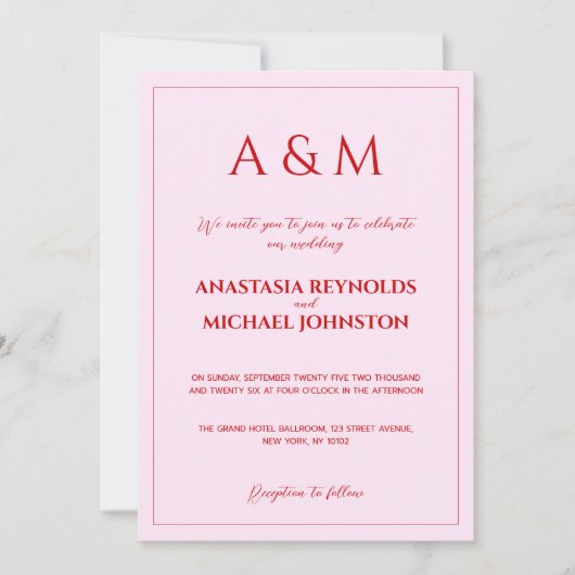Modern blush pink and red minimalist wedding 招待状 (正面)