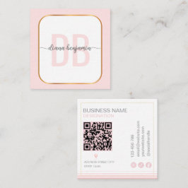 Modern blush pink and white Gold monogram Qr Code スクエア名刺