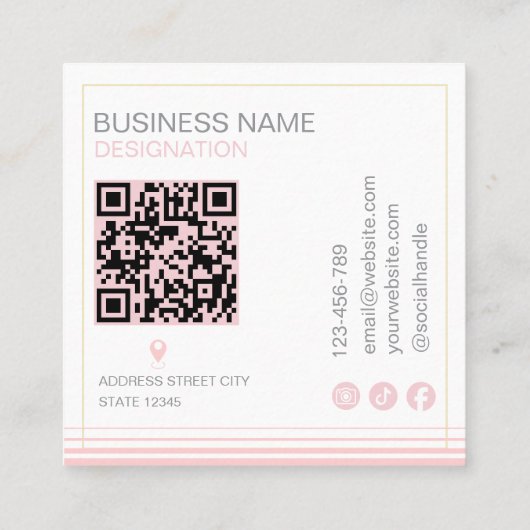 Modern blush pink and white Gold monogram Qr Code スクエア名刺 (裏面)