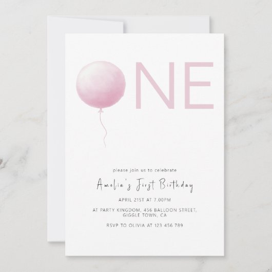 Modern Blush Pink Balloon Girl First Birthday 招待状 (正面)