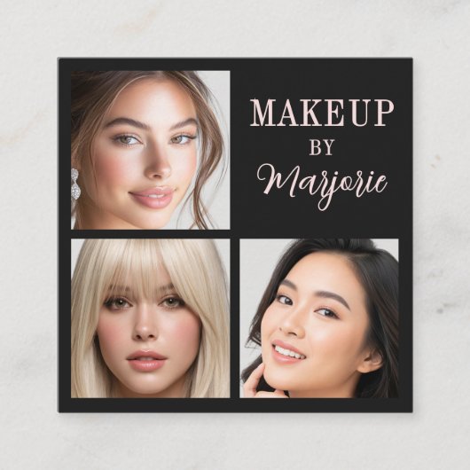 Modern Blush Pink Black Script 3 Photo Makeup スクエア名刺 (正面)