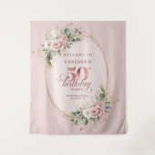 Modern Blush Pink Botanical 50th Birthday Backdrop タペストリー (正面)