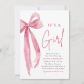 Modern Blush Pink Bow It's a Girl Baby Shower 招待状 (正面)