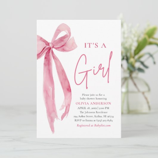 Modern Blush Pink Bow It's a Girl Baby Shower 招待状 (スタンド正面)