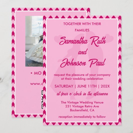 Modern Blush Pink Chevron QR Code Photo Wedding 招待状 (正面/裏面)