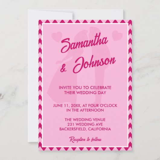 Modern Blush Pink Chevron Stripe QR Code Wedding 招待状 (正面)