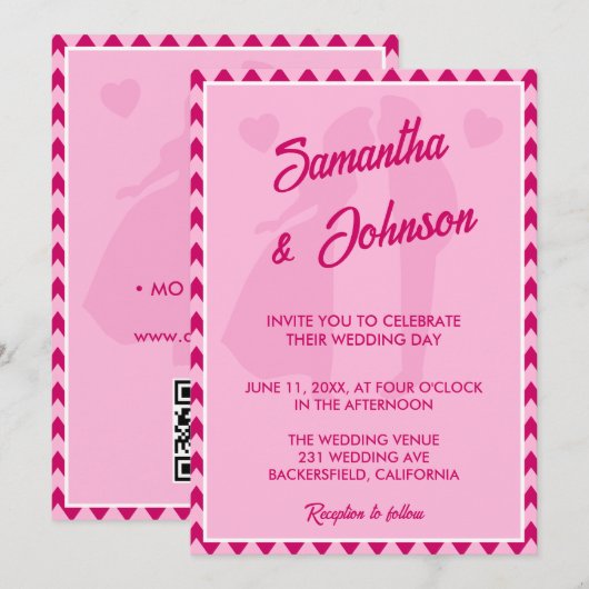 Modern Blush Pink Chevron Stripe QR Code Wedding 招待状 (正面/裏面)