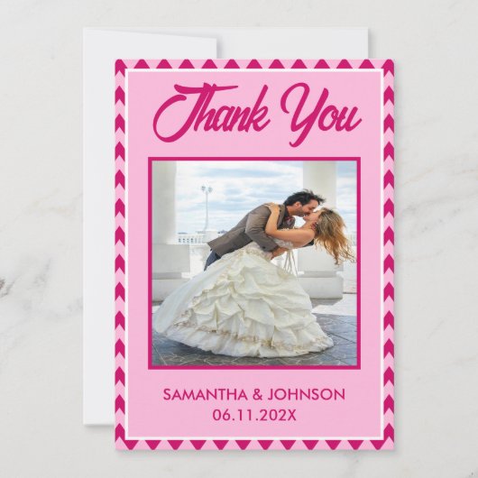 Modern Blush Pink Chevron Stripe Wedding Photo サンキューカード (正面)