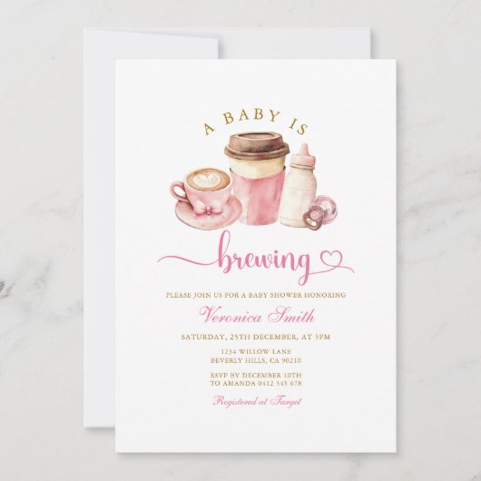 Modern Blush Pink Coffee Theme Latte Baby Shower 招待状 (正面)
