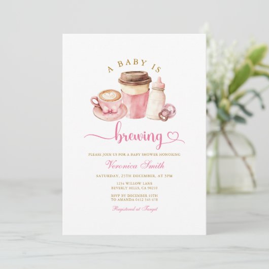 Modern Blush Pink Coffee Theme Latte Baby Shower 招待状 (スタンド正面)