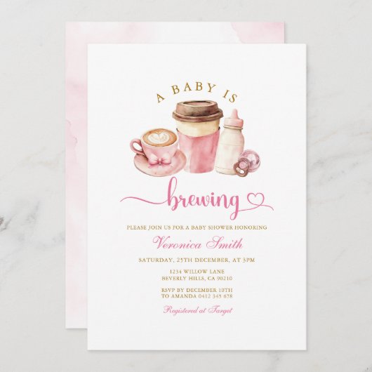 Modern Blush Pink Coffee Theme Latte Baby Shower 招待状 (正面/裏面)