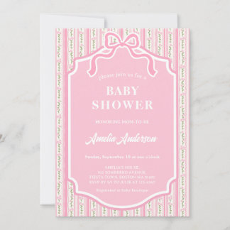 Modern Blush Pink Coquette Ribbon Bow Floral Strip 招待状