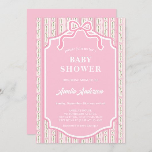 Modern Blush Pink Coquette Ribbon Bow Floral Strip 招待状 (正面/裏面)