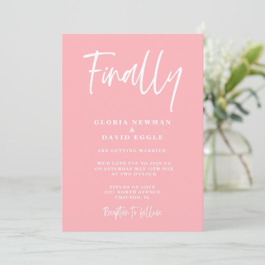 Modern Blush Pink Finally Wedding Invitation 招待状 (スタンド正面)