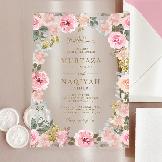 Modern Blush Pink Floral Islamic Muslim Wedding アクリル招待状