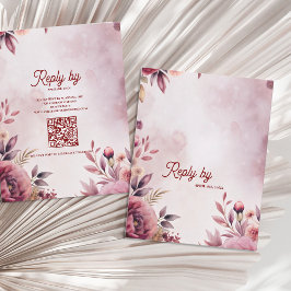 Modern Blush Pink Floral QR Code Romantic Wedding 出欠カード