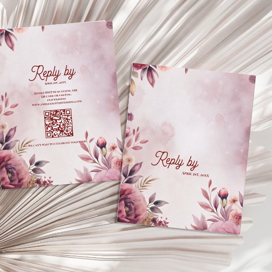 Modern Blush Pink Floral QR Code Romantic Wedding 出欠カード