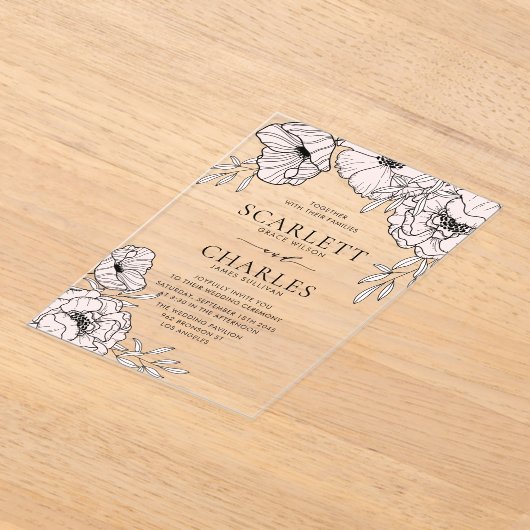 Modern Blush Pink Flowers Wedding アクリル招待状 (レイダウン)