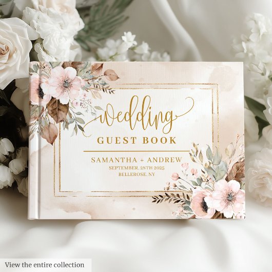 Modern Blush Pink Gold Autumn Floral Wedding Book ゲストブック