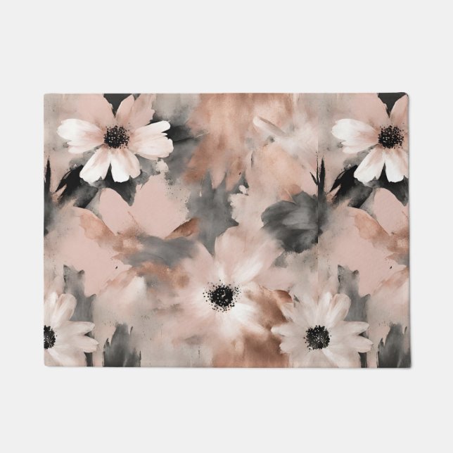 Modern Blush Pink Gray Floral  ドアマット (正面)