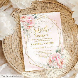 Modern Blush Pink Sage Gold Floral Sweet 16 Invite 招待状