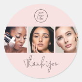 Modern Blush Pink Script 3 Photo Makeup Thank You ラウンドシール (正面)