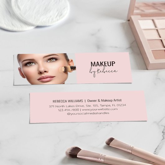 Modern Blush Pink Script Font Makeup Artist Photo スキニー名刺
