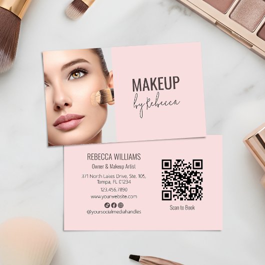 Modern Blush Pink Script Font QR Code Photo Makeup 名刺
