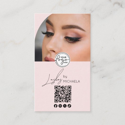 Modern Blush Pink Script Logo QR Code Photo Lashes 名刺 (正面)