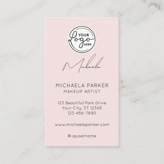 Modern Blush Pink Script Logo QR Code Photo Makeup 名刺 (裏面)