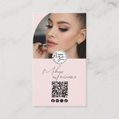 Modern Blush Pink Script Logo QR Code Photo Makeup 名刺 (正面)