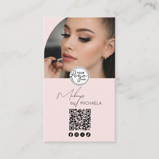 Modern Blush Pink Script Logo QR Code Photo Makeup 名刺 (正面)