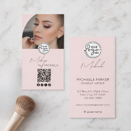 Modern Blush Pink Script Logo QR Code Photo Makeup 名刺