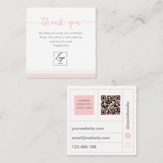 Modern Blush pink Thank You Card Order Inser スクエア名刺 (正面/裏面)