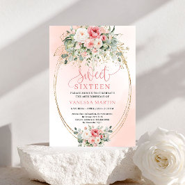 Modern Blush Rose Gold Floral Sweet Sixteen Card 招待状