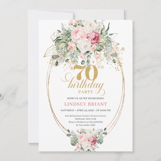 Modern Blush Roses Greenery 70th Birthday Invite 招待状 (正面)