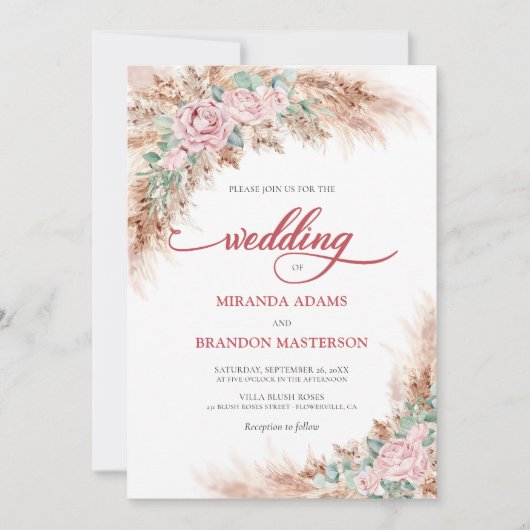 Modern Blush Roses Pampas Grass Floral Wedding 招待状 (正面)
