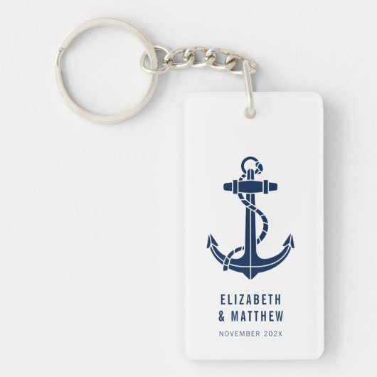 Modern Boat Navy Blue Anchor Beach Wedding Custom キーホルダー (正面)