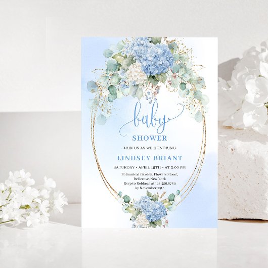 Modern Bohemian Blue Floral Baby Shower Invitation 招待状